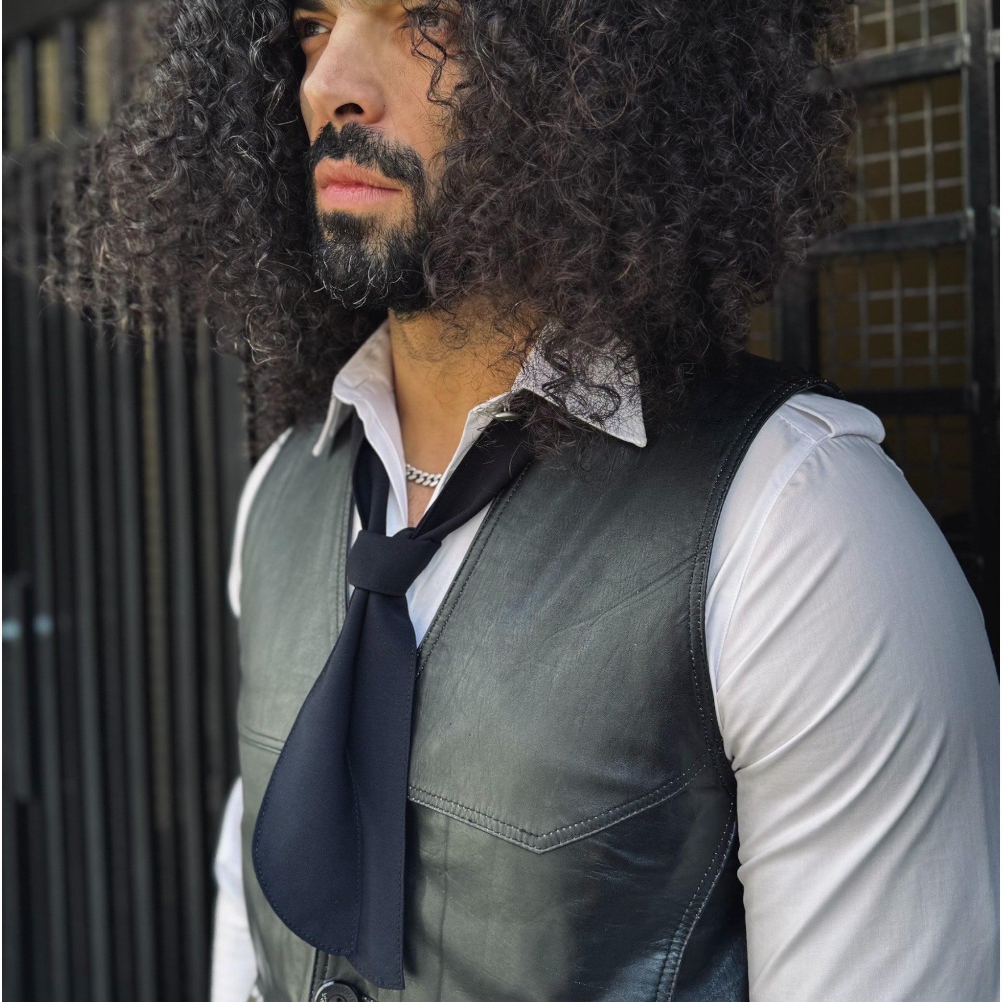 Man wearing a leather vest and tie with a blurred background