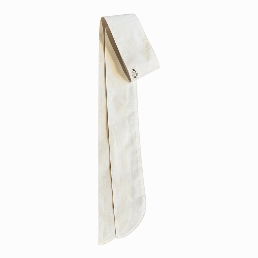 White scarf with a brand logo on a white background