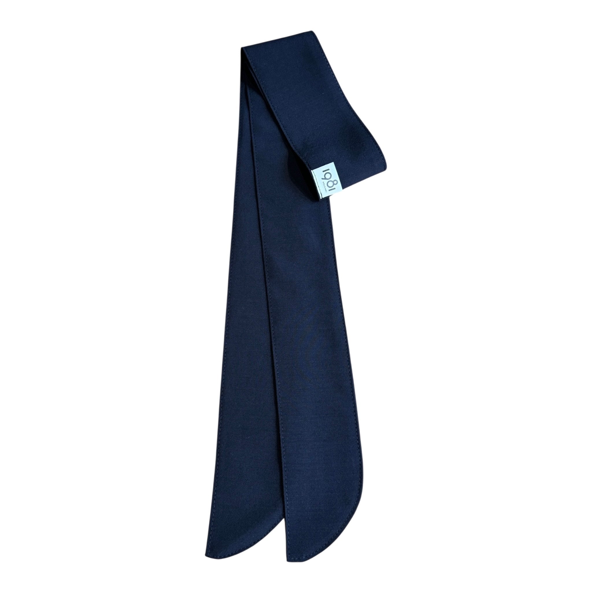 Black scarf with a brand label on a white background